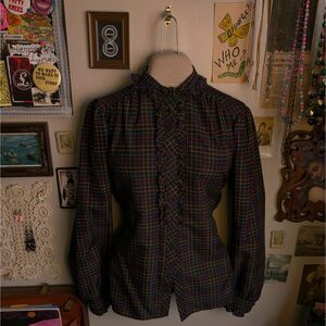 Vintage Ruffled Plaid Button Up Blouse Women's Medium Black Rainbow